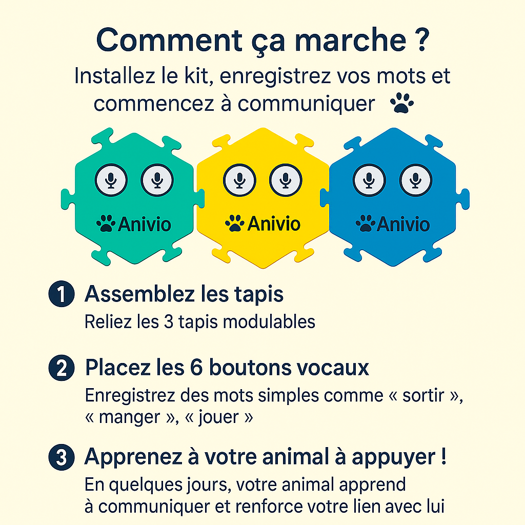Kit complet Anivio® – 6 boutons vocaux et 3 tapis antidérapants pour approfondir la communication avec votre animal