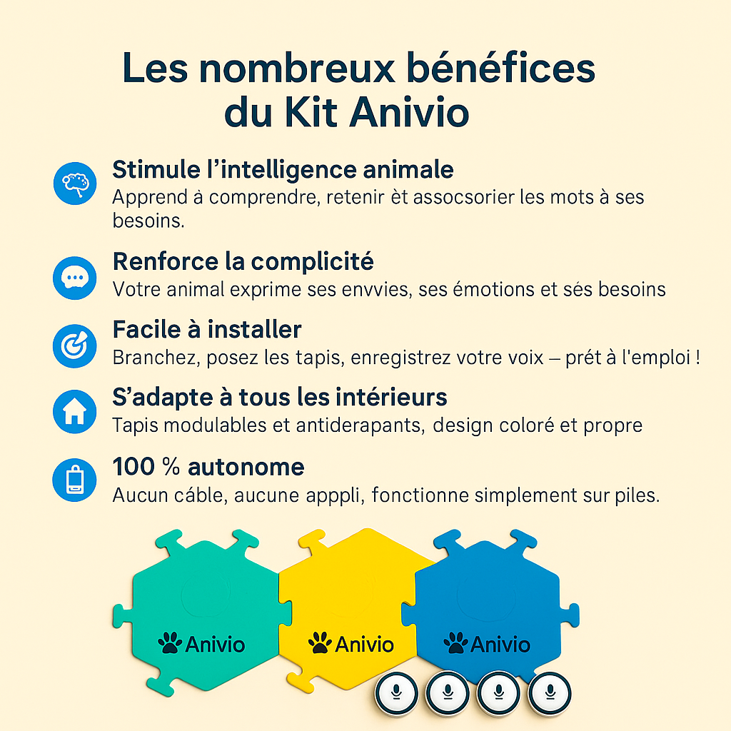 Kit complet Anivio® – 6 boutons vocaux et 3 tapis antidérapants pour approfondir la communication avec votre animal